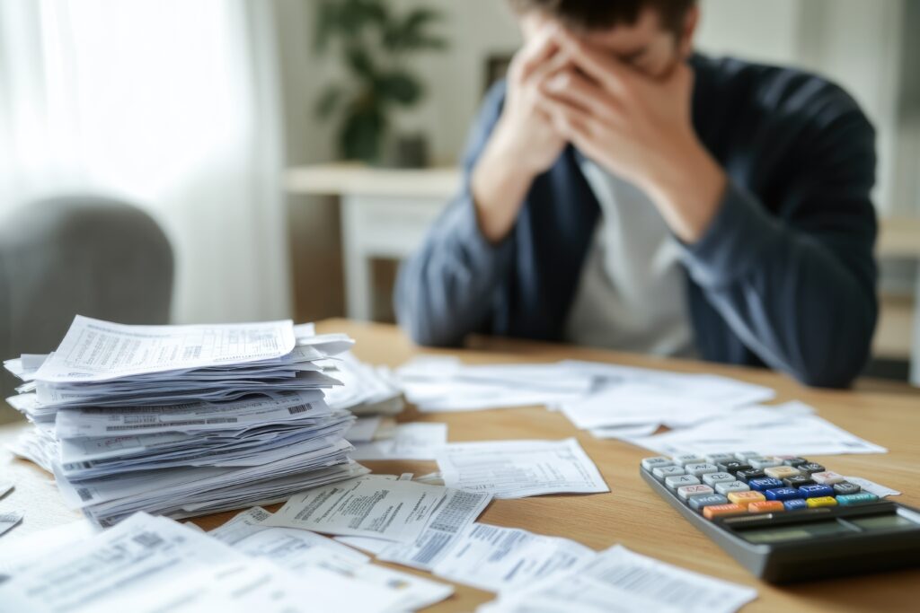 A stressed individual sitting at a table with a stack of debt notices, bills, and a calculator, symbolizing the emotional toll of managing debt