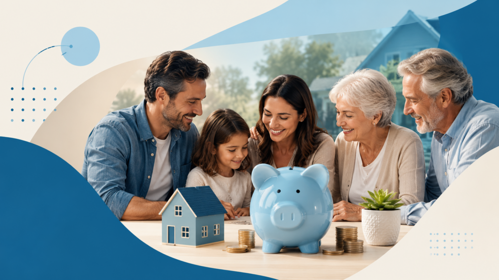 Multi-generational family gathered around a table with a piggy bank, coins, and a model house in a blue-toned financial planning themed graphic design.
